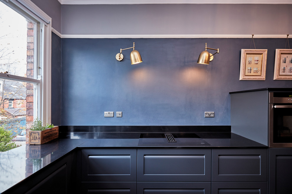 Medium sized traditional l-shaped open plan kitchen in Other with shaker cabinets, grey cabinets, quartz worktops, black splashback, an island and multicoloured worktops.