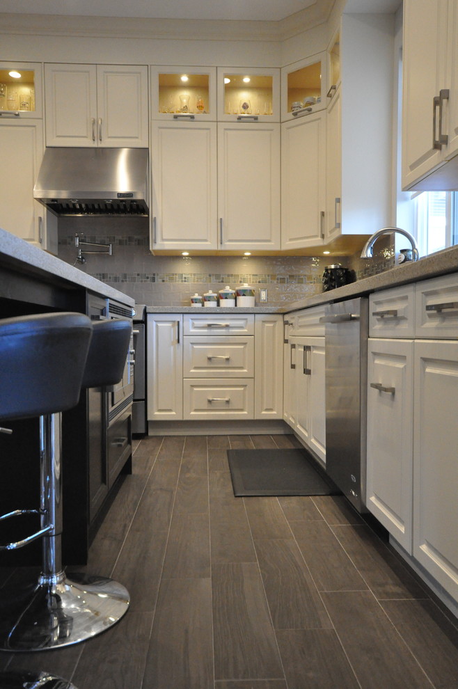 Antique White Kitchen with Coal stained Island Contemporary Kitchen