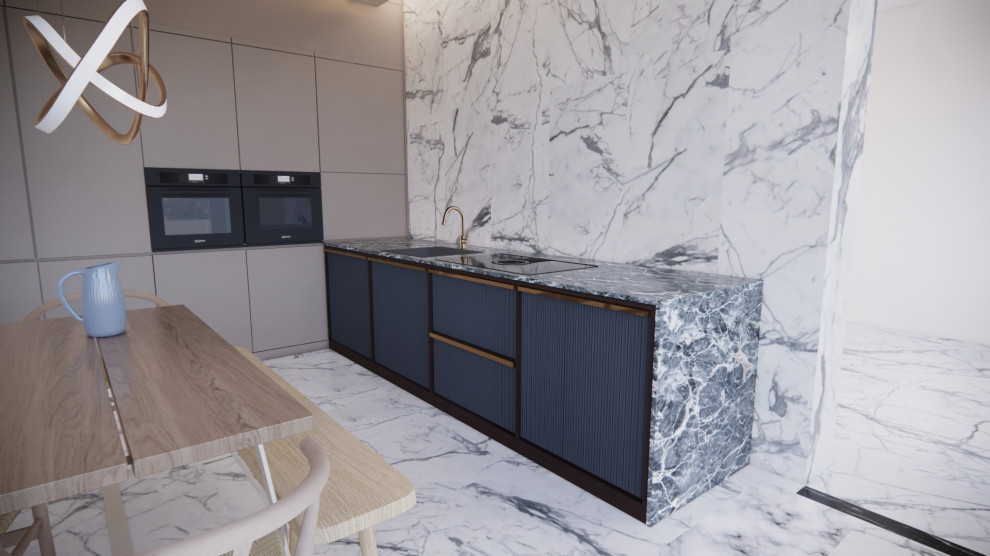Contemporary kitchen in Other with a built-in sink, flat-panel cabinets, beige cabinets, marble worktops, white splashback, ceramic splashback, black appliances, marble flooring, blue worktops and a drop ceiling.