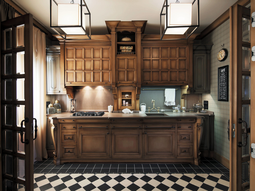 Пример оригинального дизайна: отдельная, прямая кухня в классическом стиле с врезной мойкой и фасадами цвета дерева среднего тона без острова