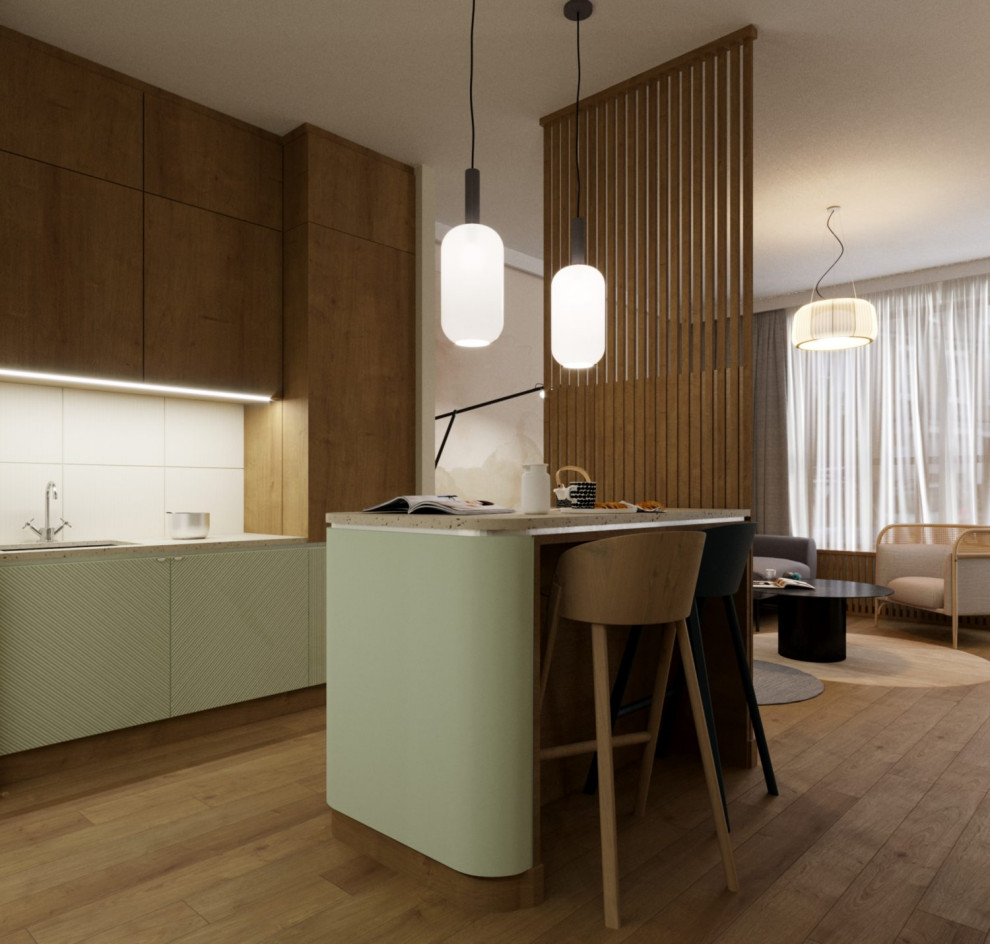 Idee per una cucina scandinava di medie dimensioni con lavello a vasca singola, ante verdi, top alla veneziana, pavimento in legno massello medio, pavimento marrone e top beige