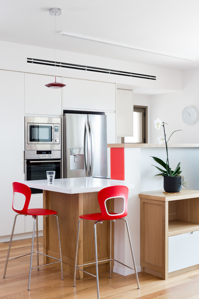 Foto di una cucina parallela minimal con ante lisce, ante bianche, paraspruzzi rosso, elettrodomestici in acciaio inossidabile, parquet chiaro, penisola e top bianco