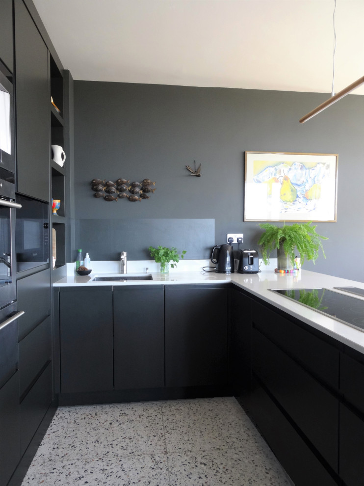 Small trendy u-shaped terrazzo floor and multicolored floor open concept kitchen photo in Dublin with flat-panel cabinets, quartzite countertops, stainless steel appliances and white countertops