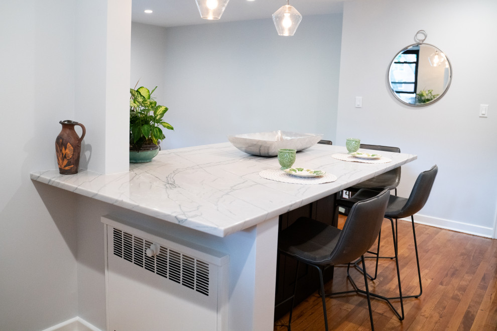 ニューヨークにある低価格の小さなモダンスタイルのおしゃれなキッチン (シングルシンク、シェーカースタイル扉のキャビネット、黒いキャビネット、珪岩カウンター、白いキッチンパネル、サブウェイタイルのキッチンパネル、シルバーの調理設備、無垢フローリング、茶色い床、白いキッチンカウンター) の写真