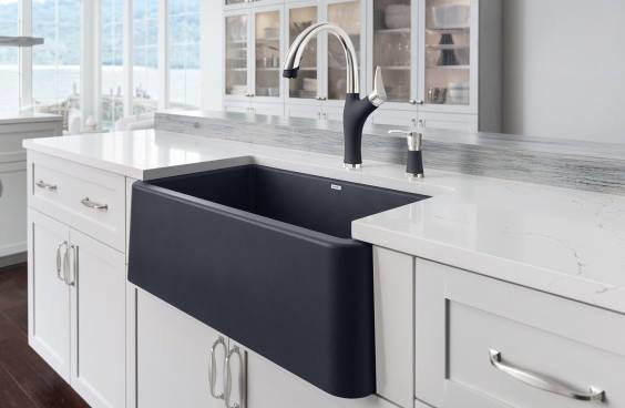 Trendy kitchen photo in Other with a farmhouse sink, flat-panel cabinets, beige cabinets, quartzite countertops, blue backsplash, glass tile backsplash and colored appliances