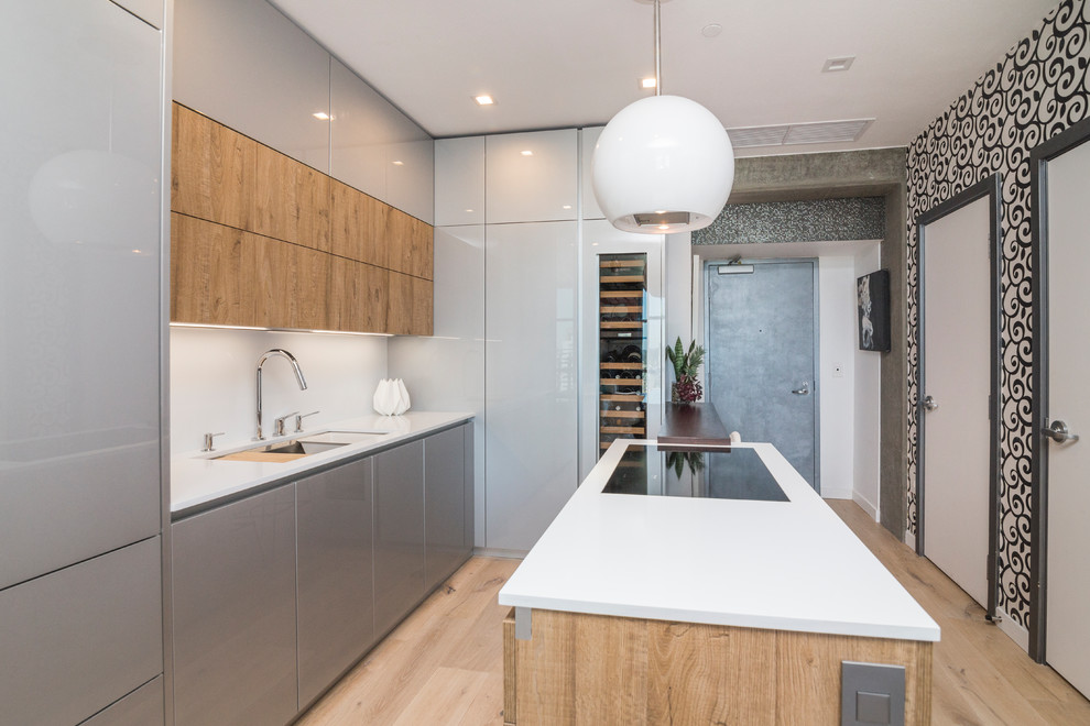 Foto di una piccola cucina design con lavello sottopiano, ante lisce, top in quarzo composito e paraspruzzi bianco