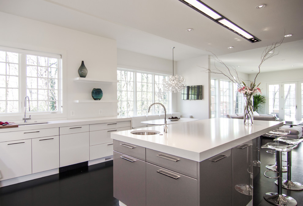 Offene Moderne Küche mit Unterbauwaschbecken, flächenbündigen Schrankfronten, weißen Schränken und Kücheninsel in Washington, D.C.
