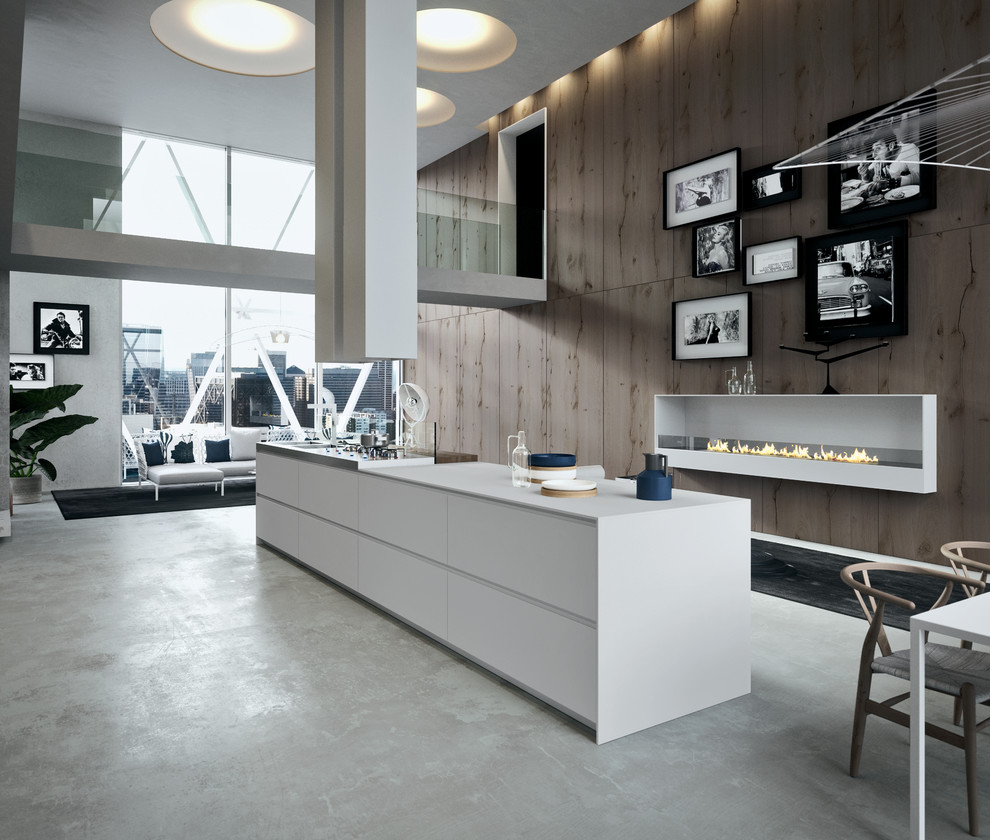 Imagen de cocina moderna con armarios con paneles lisos, puertas de armario blancas, suelo de cemento, una isla y suelo gris