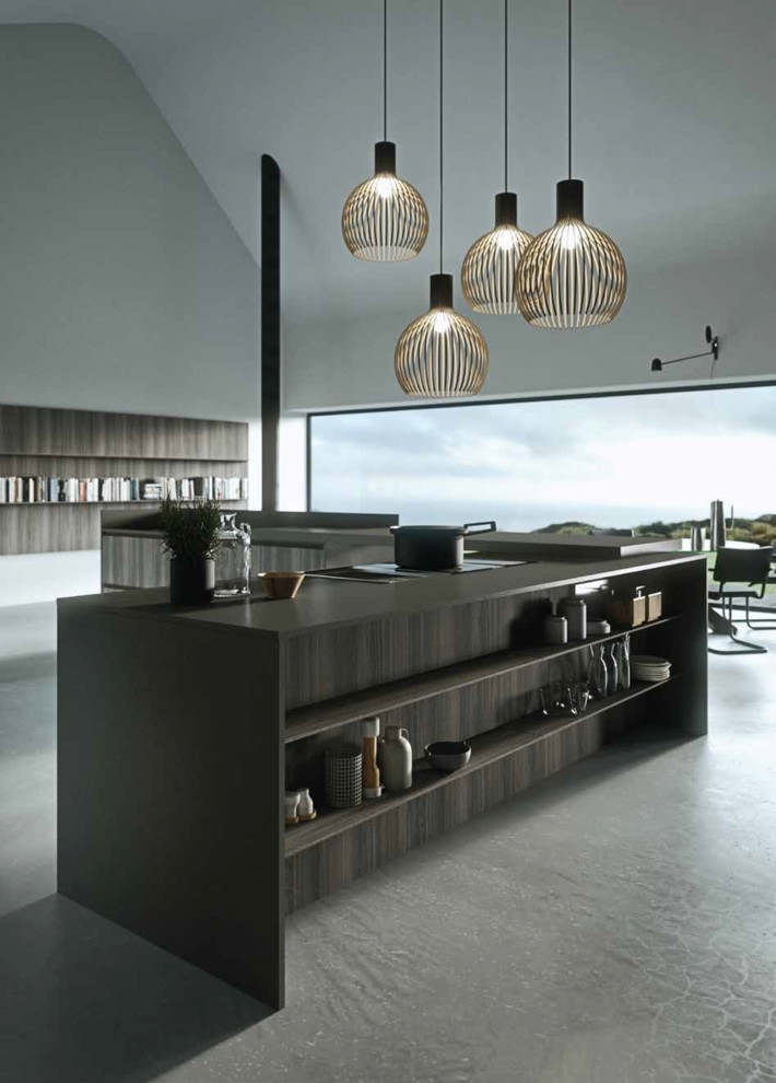 Идея дизайна: кухня в стиле модернизм с обеденным столом и плоскими фасадами