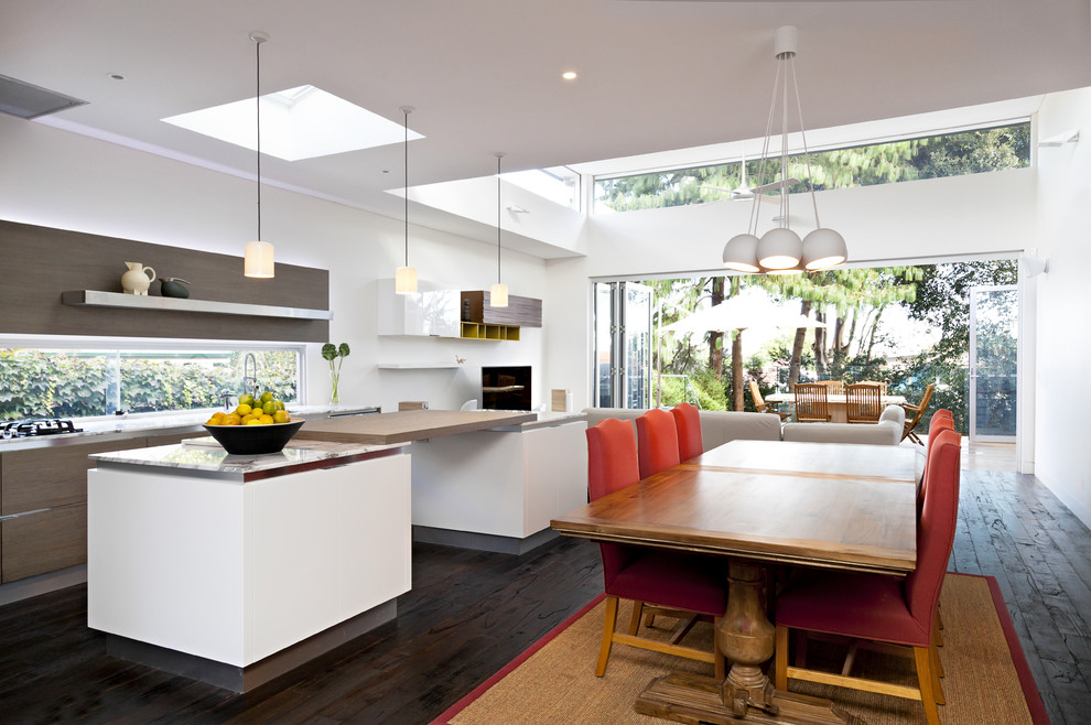 Cette image montre une cuisine ouverte parallèle design avec parquet foncé et un placard à porte plane.