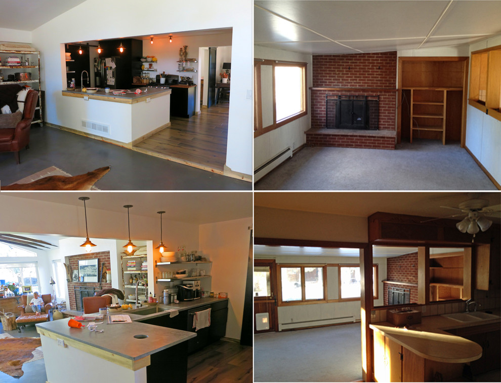 Moderne Küche mit Doppelwaschbecken, dunklen Holzschränken, Betonarbeitsplatte, Küchengeräten aus Edelstahl und dunklem Holzboden in Denver