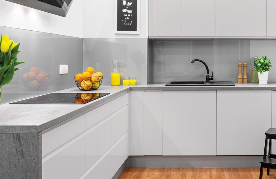 Inspiration for a contemporary kitchen/diner in Other with grey splashback, grey worktops and grey cabinets.