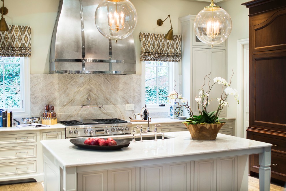 Inspiration for a timeless kitchen remodel in Atlanta with quartzite countertops and an island