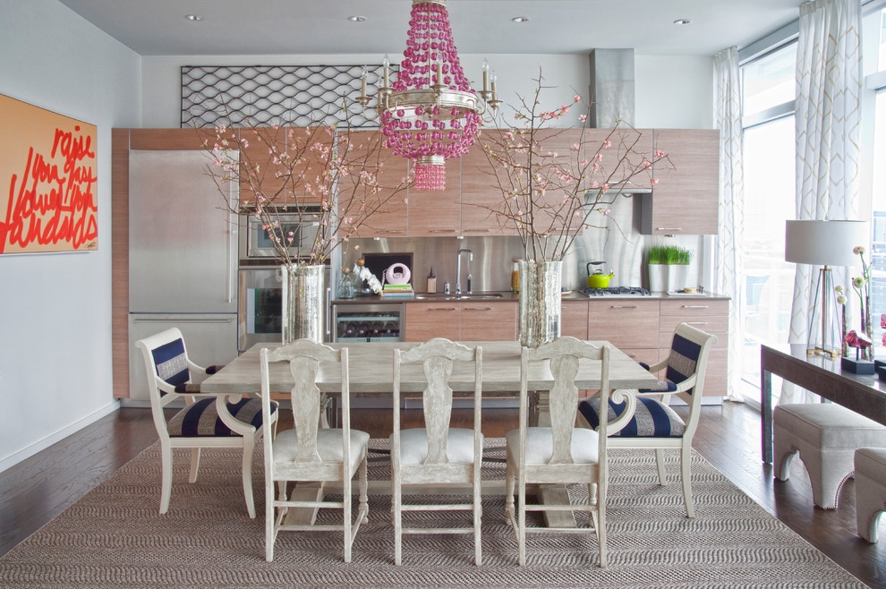 Eat-in kitchen - contemporary single-wall eat-in kitchen idea in Atlanta with flat-panel cabinets, metallic backsplash, metal backsplash, stainless steel appliances and light wood cabinets