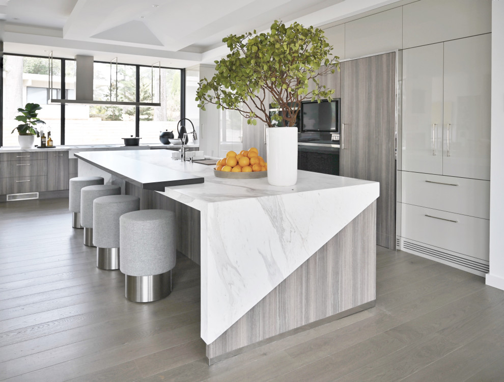 Inspiration for a contemporary l-shaped gray floor and vaulted ceiling kitchen remodel in Atlanta with an undermount sink, flat-panel cabinets, white cabinets, stainless steel appliances, an island and white countertops
