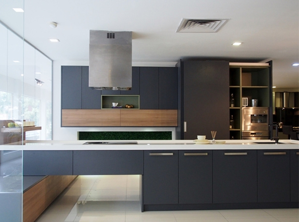 Photo of a large modern galley eat-in kitchen in Other with flat-panel cabinets, grey cabinets, solid surface benchtops and with island.