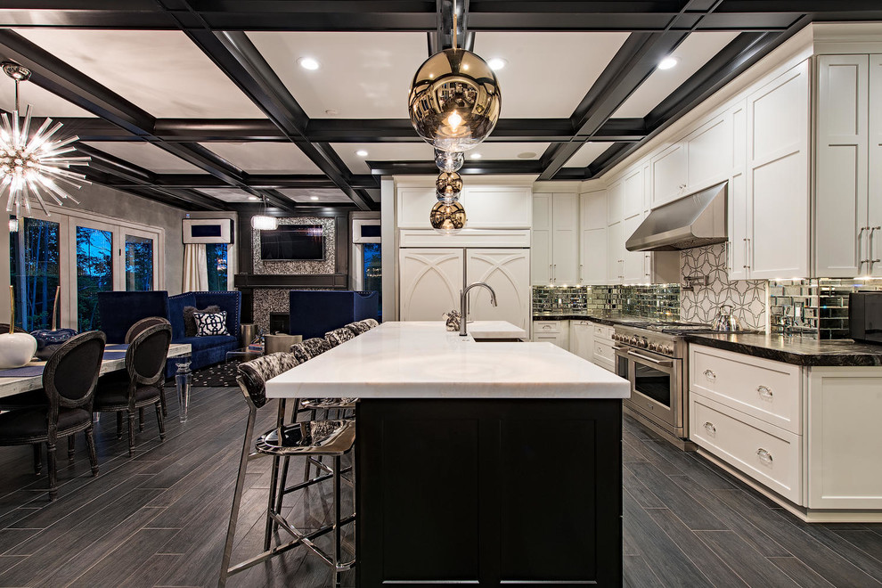 クリーブランドにあるラグジュアリーな巨大なトランジショナルスタイルのおしゃれなキッチン (エプロンフロントシンク、シェーカースタイル扉のキャビネット、白いキャビネット、白いキッチンパネル、シルバーの調理設備、濃色無垢フローリング、グレーの床) の写真