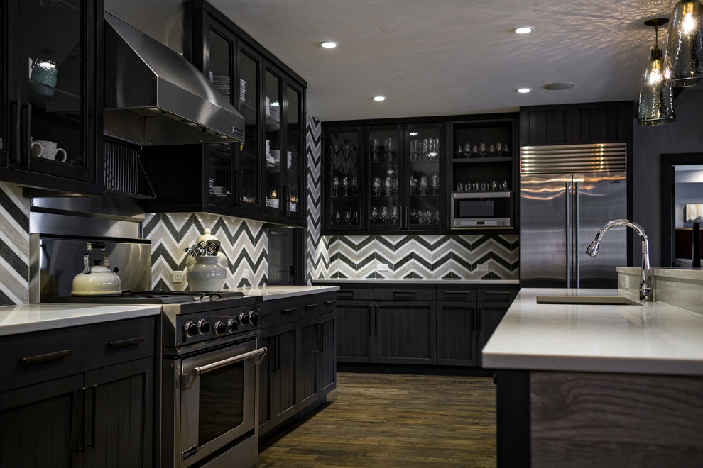 Large transitional dark wood floor kitchen photo in Denver with shaker cabinets, gray cabinets, quartz countertops, ceramic backsplash, stainless steel appliances and an island
