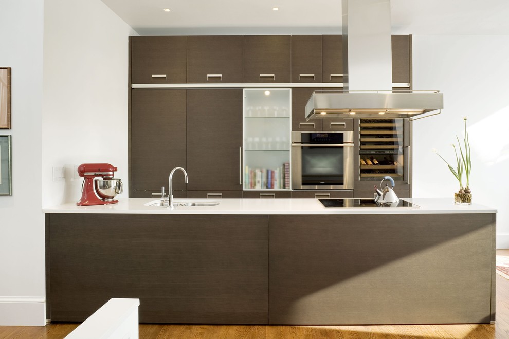 На фото: параллельная кухня в стиле модернизм с плоскими фасадами и коричневыми фасадами