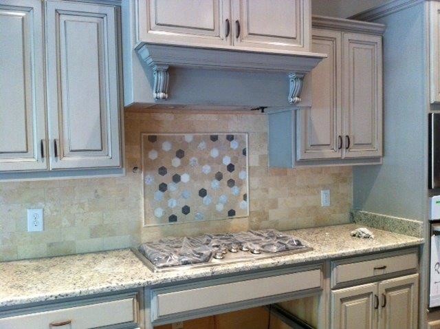 Inspiration for a classic kitchen in Miami with recessed-panel cabinets, distressed cabinets, granite worktops, multi-coloured splashback and stone tiled splashback.