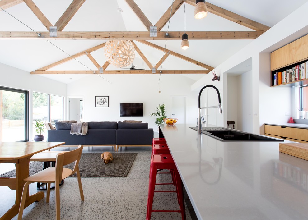 Свежая идея для дизайна: параллельная кухня-гостиная в современном стиле с накладной мойкой, светлыми деревянными фасадами и островом - отличное фото интерьера