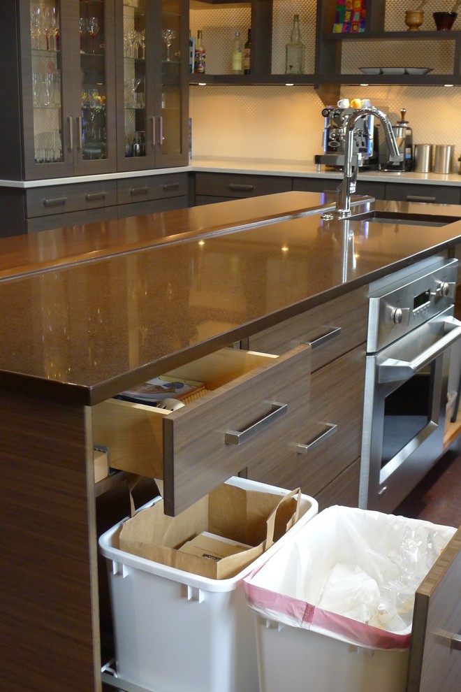 Inspiration for a large contemporary u-shaped enclosed kitchen remodel in Indianapolis with an undermount sink, flat-panel cabinets, gray cabinets, quartz countertops, blue backsplash, mosaic tile backsplash, stainless steel appliances and an island