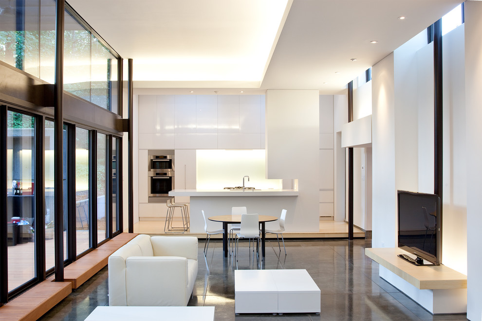 Свежая идея для дизайна: большая параллельная кухня-гостиная в стиле модернизм с плоскими фасадами, белыми фасадами и островом - отличное фото интерьера