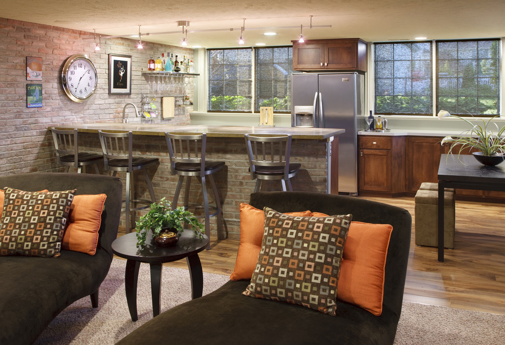 Inspiration for a large contemporary galley light wood floor open concept kitchen remodel in Chicago with stainless steel appliances, dark wood cabinets, a double-bowl sink, raised-panel cabinets, concrete countertops, gray backsplash, brick backsplash and no island