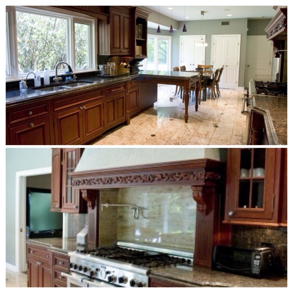 Inspiration for a large traditional u-shaped kitchen/diner in Chicago with a submerged sink, raised-panel cabinets, medium wood cabinets, granite worktops, multi-coloured splashback, stone slab splashback, stainless steel appliances, marble flooring and a breakfast bar.