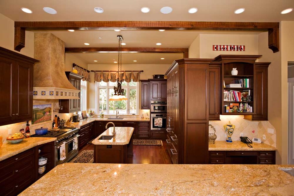 Bay Area beamed ceiling in kitchen design with desk - Traditional ...