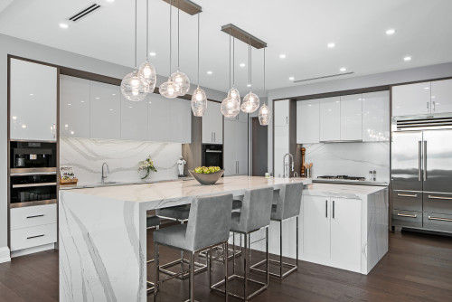 Glossy and Sleek: Dark Wood Kitchen Cabinets with White Gloss Doors