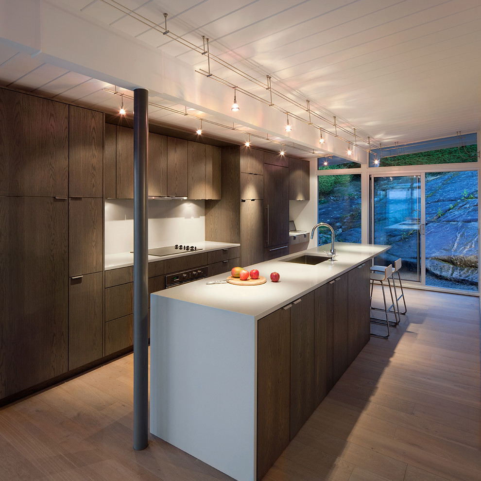This is an example of a modern kitchen in Vancouver with flat-panel cabinets.