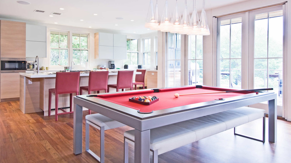 Trendy kitchen photo in New York with flat-panel cabinets and light wood cabinets