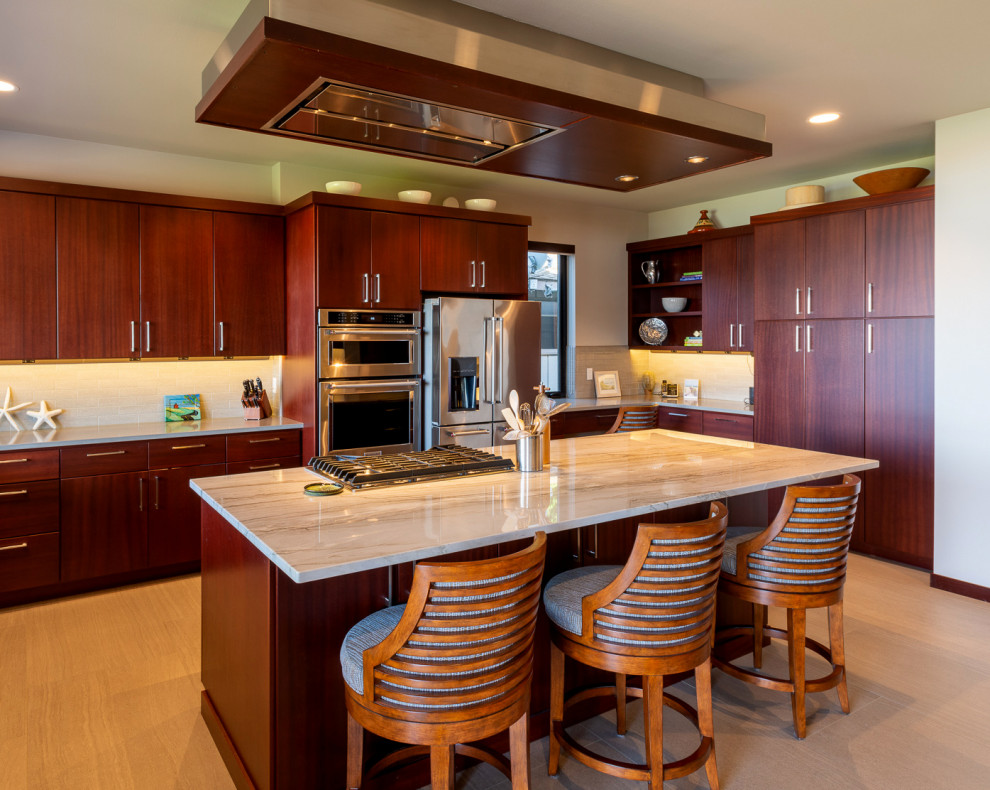 Example of a mid-sized trendy u-shaped porcelain tile and beige floor eat-in kitchen design in Seattle with an undermount sink, flat-panel cabinets, dark wood cabinets, marble countertops, white backsplash, porcelain backsplash, stainless steel appliances, an island and white countertops