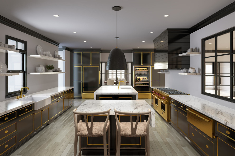 Inspiration for a large modern galley enclosed kitchen in New York with a belfast sink, recessed-panel cabinets, black cabinets, marble worktops, white splashback, cement tile splashback, medium hardwood flooring, multiple islands and white worktops.