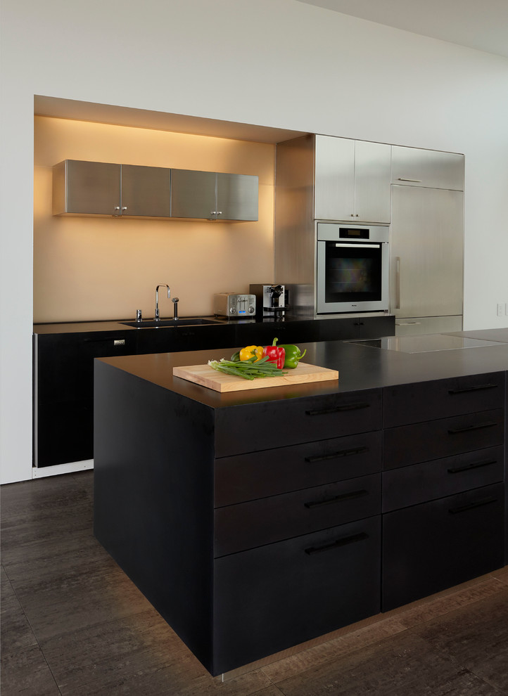 Diseño de cocina costera con armarios con paneles lisos, fregadero integrado y electrodomésticos de acero inoxidable