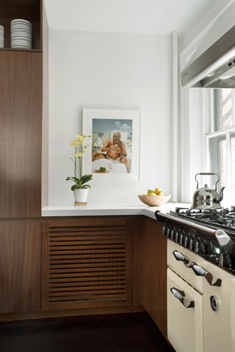 Ejemplo de cocina bohemia con armarios con paneles lisos, puertas de armario de madera oscura, encimera de acrílico y encimeras blancas