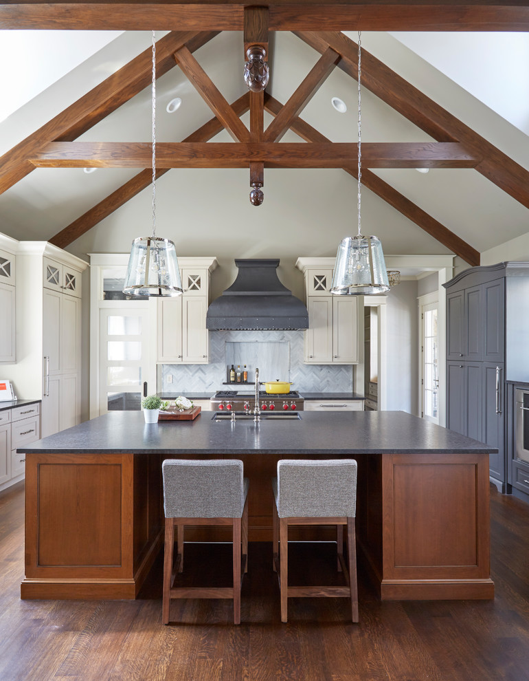 Beamed Ceiling in Transitional Kitchen Traditional