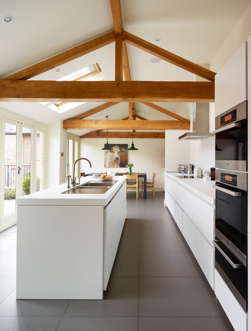 Modern Farmhouse White Kitchen Cabinets with White Flat-Panel Cabinets and Countertop