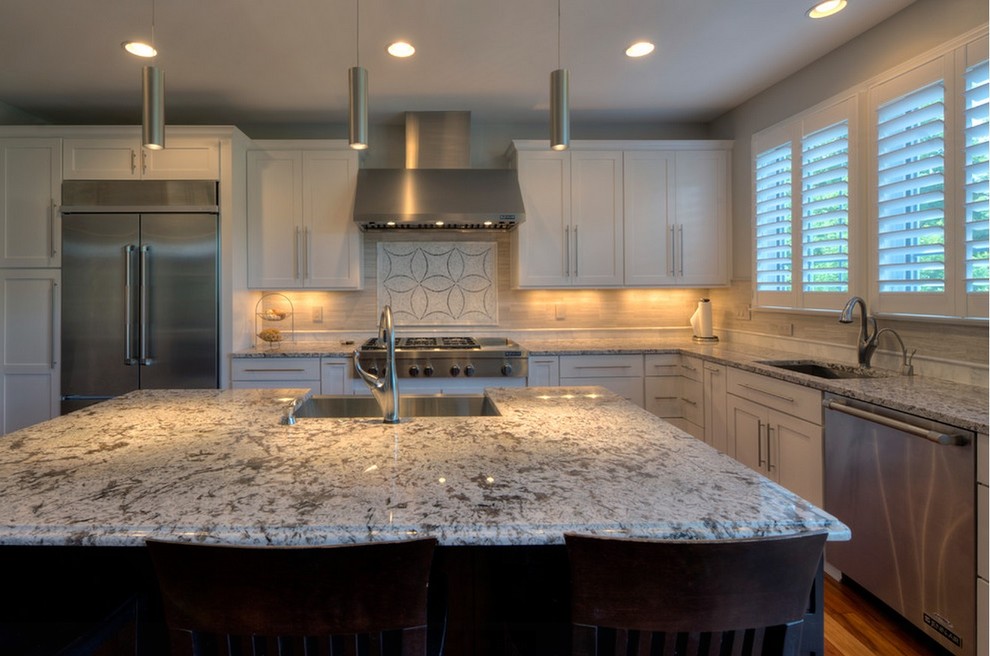 Beautiful Bianco Antico Granite Kitchen with Custom Tile Backsplash