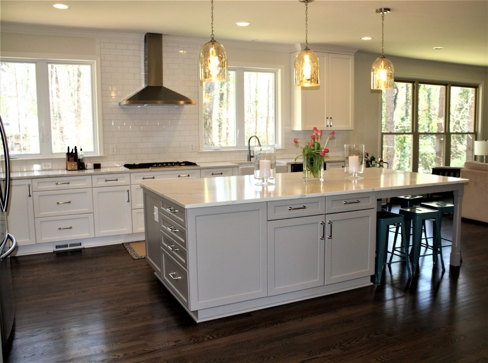 Beautiful, Crisp White Perimeter Kitchen with Gray Dinette Island ...