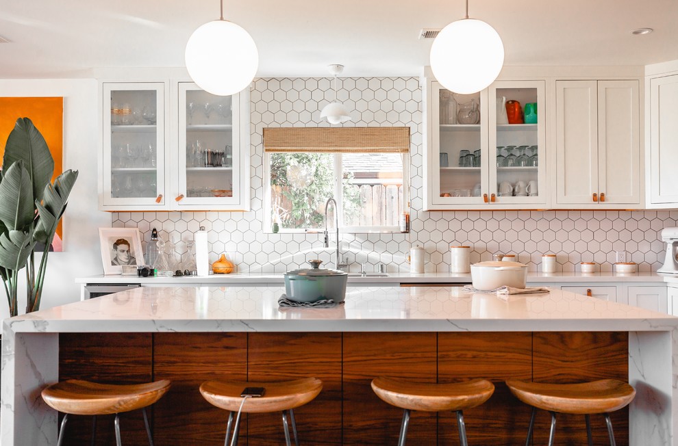 Example of a large trendy u-shaped ceramic tile and white floor open concept kitchen design in Dallas with open cabinets, white cabinets, granite countertops, white backsplash, marble backsplash, an island, white countertops, a double-bowl sink and stainless steel appliances