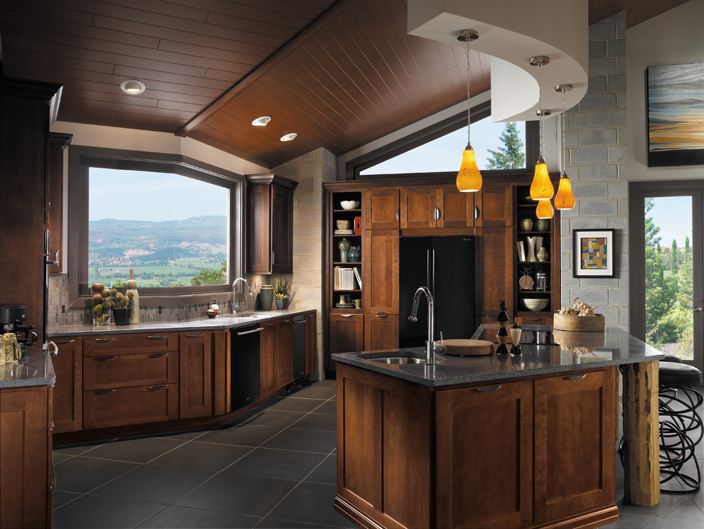 Large mountain style u-shaped black floor and slate floor open concept kitchen photo in San Francisco with shaker cabinets, dark wood cabinets, gray backsplash, black appliances, an island, an undermount sink, quartz countertops, matchstick tile backsplash and gray countertops