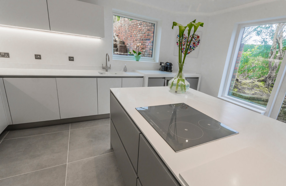 This is an example of a modern kitchen in Cheshire with flat-panel cabinets, white cabinets, white splashback and an island.