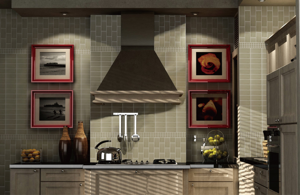 Mittelgroße Moderne Wohnküche mit Küchenrückwand in Beige und Rückwand aus Metrofliesen in Chicago