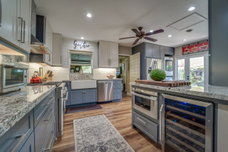 75 Kitchen with Blue Cabinets and Shiplap Backsplash Ideas You'll Love -  January, 2024