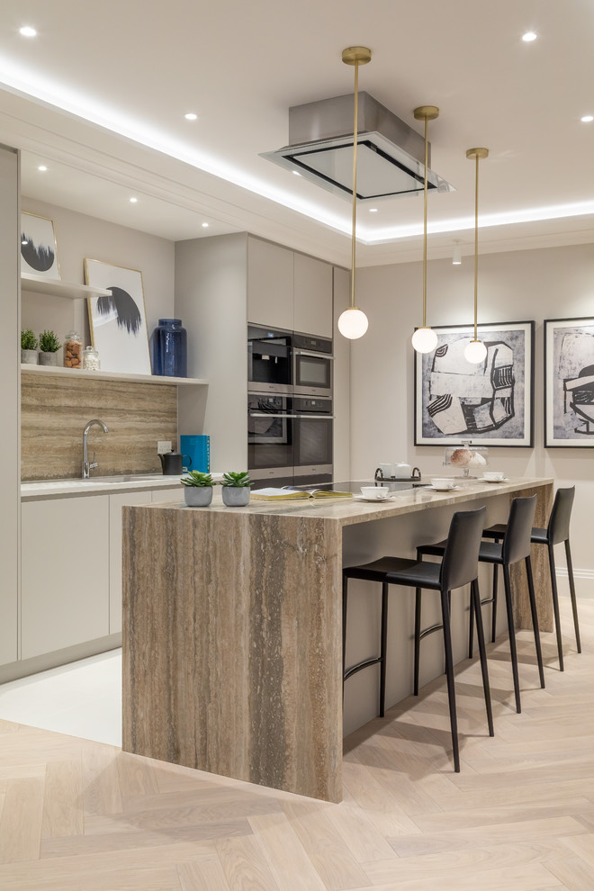 Inspiration for a contemporary kitchen in London with flat-panel cabinets, white cabinets, brown splashback, black appliances, an island and grey worktops.