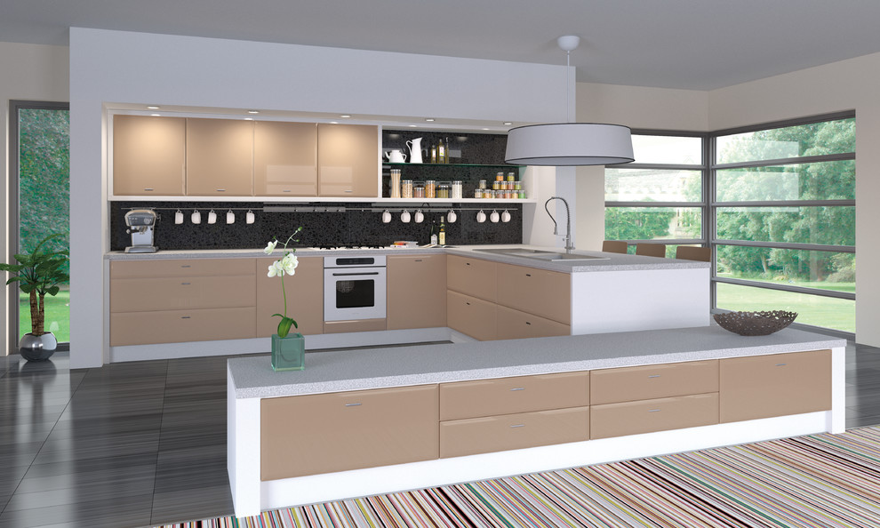 This is an example of a medium sized modern l-shaped open plan kitchen in Other with a double-bowl sink, white cabinets, composite countertops, black splashback, mosaic tiled splashback, white appliances, ceramic flooring and an island.