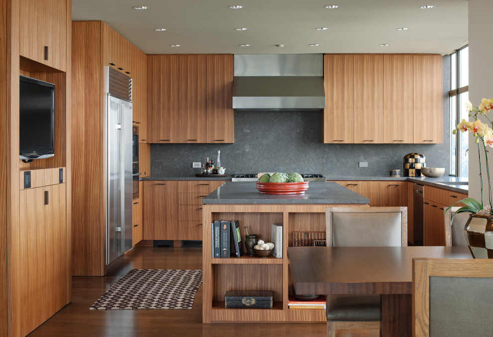 Inspiration for a contemporary u-shaped dark wood floor eat-in kitchen remodel in Seattle with flat-panel cabinets, medium tone wood cabinets, gray backsplash, stone slab backsplash, stainless steel appliances and an island
