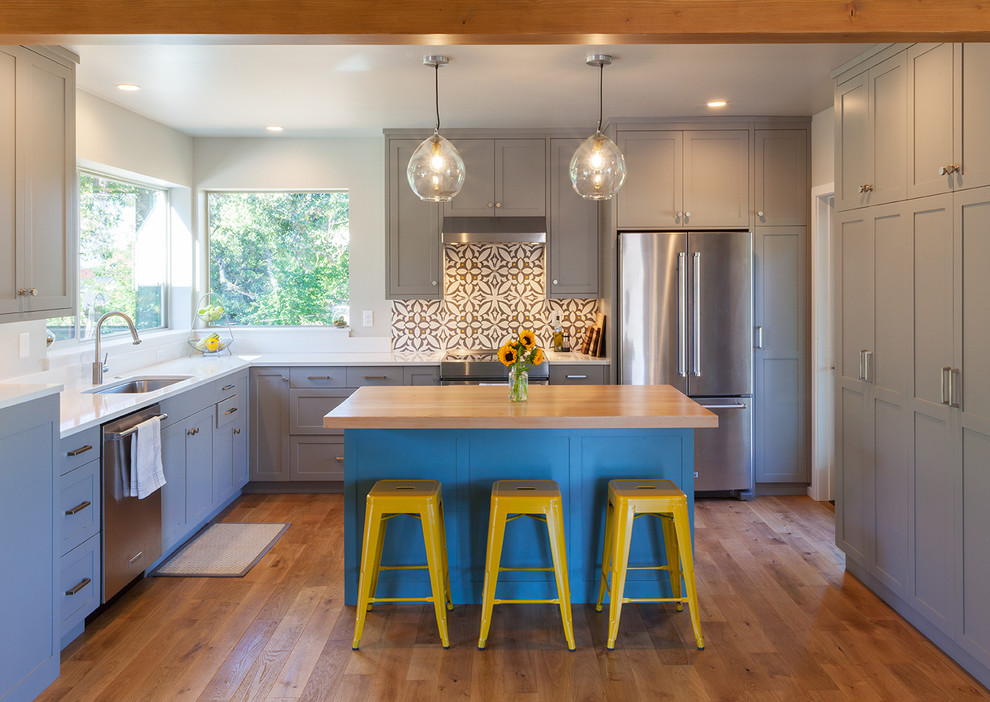 Exempel på ett klassiskt u-kök, med skåp i shakerstil, en köksö, en undermonterad diskho, grå skåp, flerfärgad stänkskydd, stänkskydd i keramik, rostfria vitvaror, mellanmörkt trägolv och brunt golv